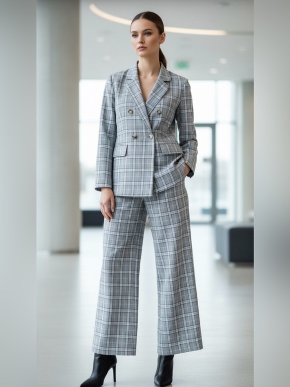 OHS Gray Plaid Double-Breasted Blazer and Pants Set